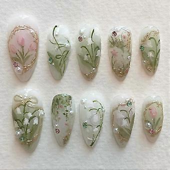 Green Floral Press On Nails Set with Rhinestones, 24pcs Medium Almond Gold French Tips for Women