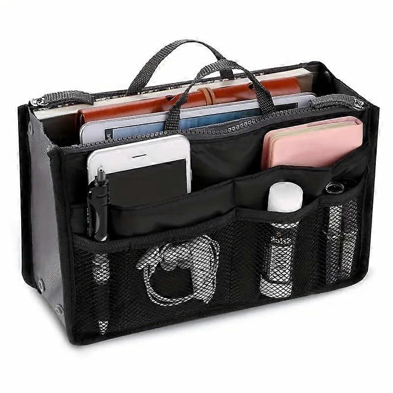 Handbag Organizer with Multiple Compartments and Mesh Pockets, Nylon Bag Insert for Cosmetics
