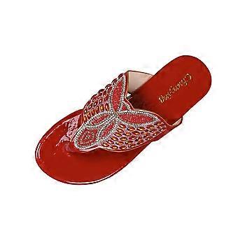 Sandalias planas informales rojas para mujer, estilo bohemio con decoración de pedrería, chanclas cómodas para la playa/exteriores – EU 39 / UK 5 / US 7