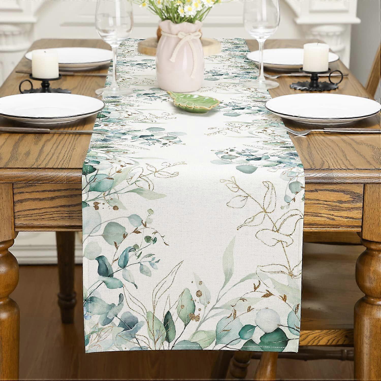 Spring Table Runner. Spring Decorations Off White Eucalyptus Leaves Green Table