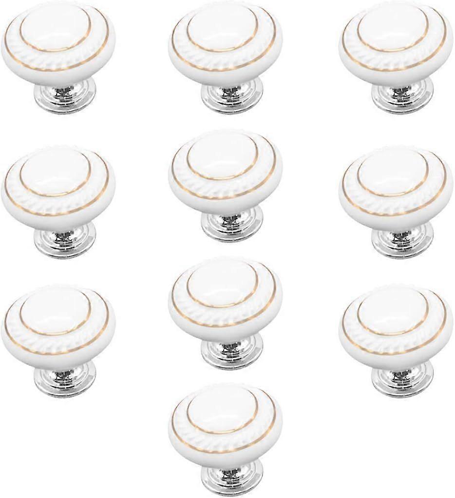 10 x Drawer Handles and Knobs, Ceramic Door Handle, Furniture Knobs (Double Gold Circle - White)