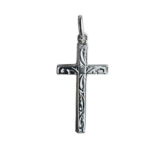 Silver 25x15mm hand engraved solid block Cross