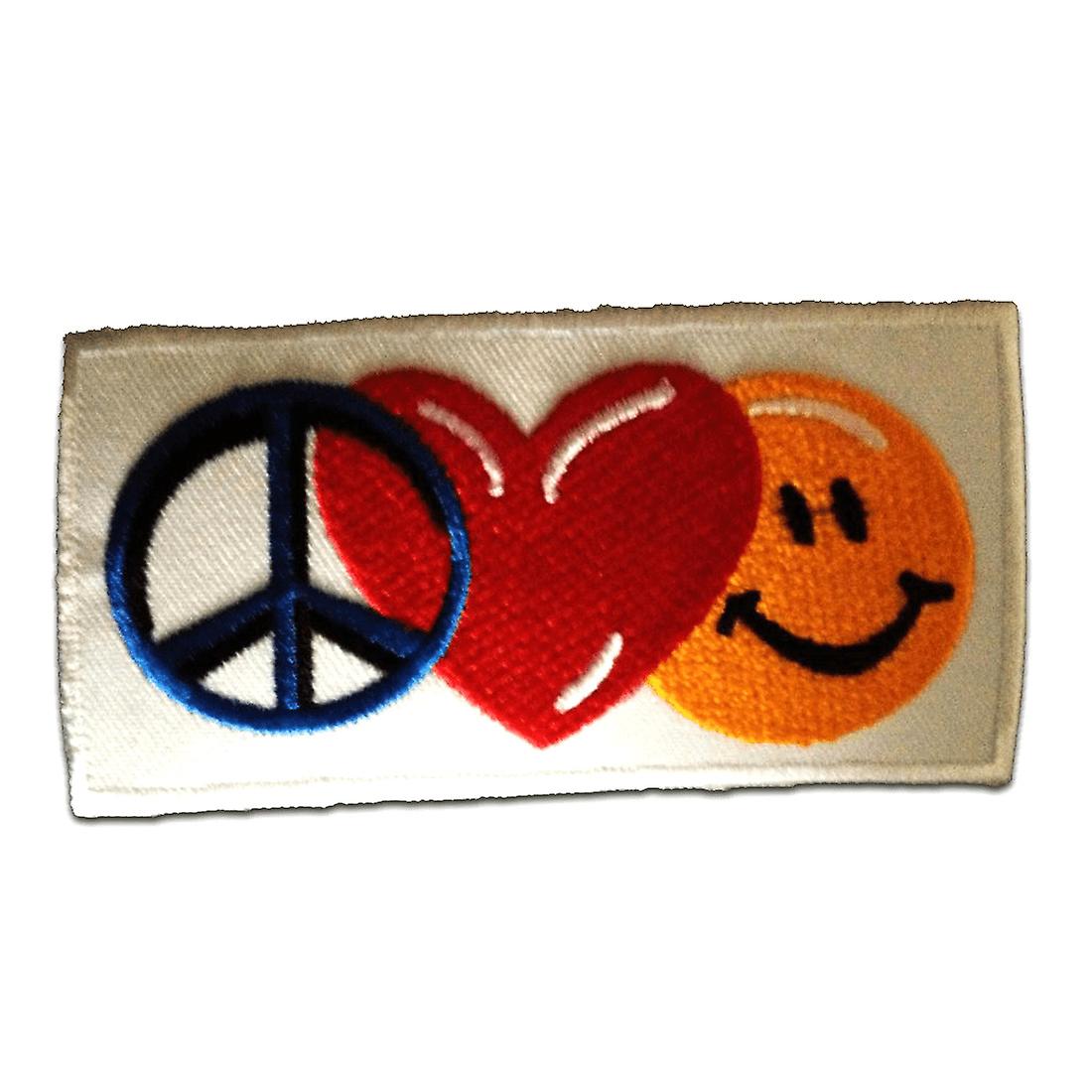 Patch / iron-on patch - Peace Love Happiness - blue/red/yellow - 9.3 x 4.3 cm patch