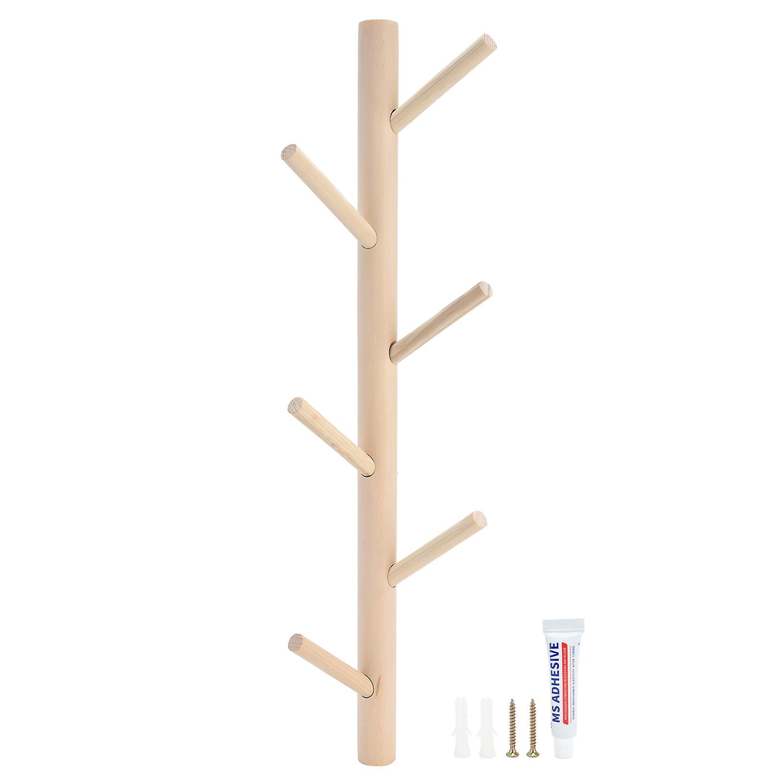Punch Free Wall Mounted Coat Rack Towel Hanger Tree Branch Shaped Hat Rack for Living Room(Wood Color 6 Hooks )