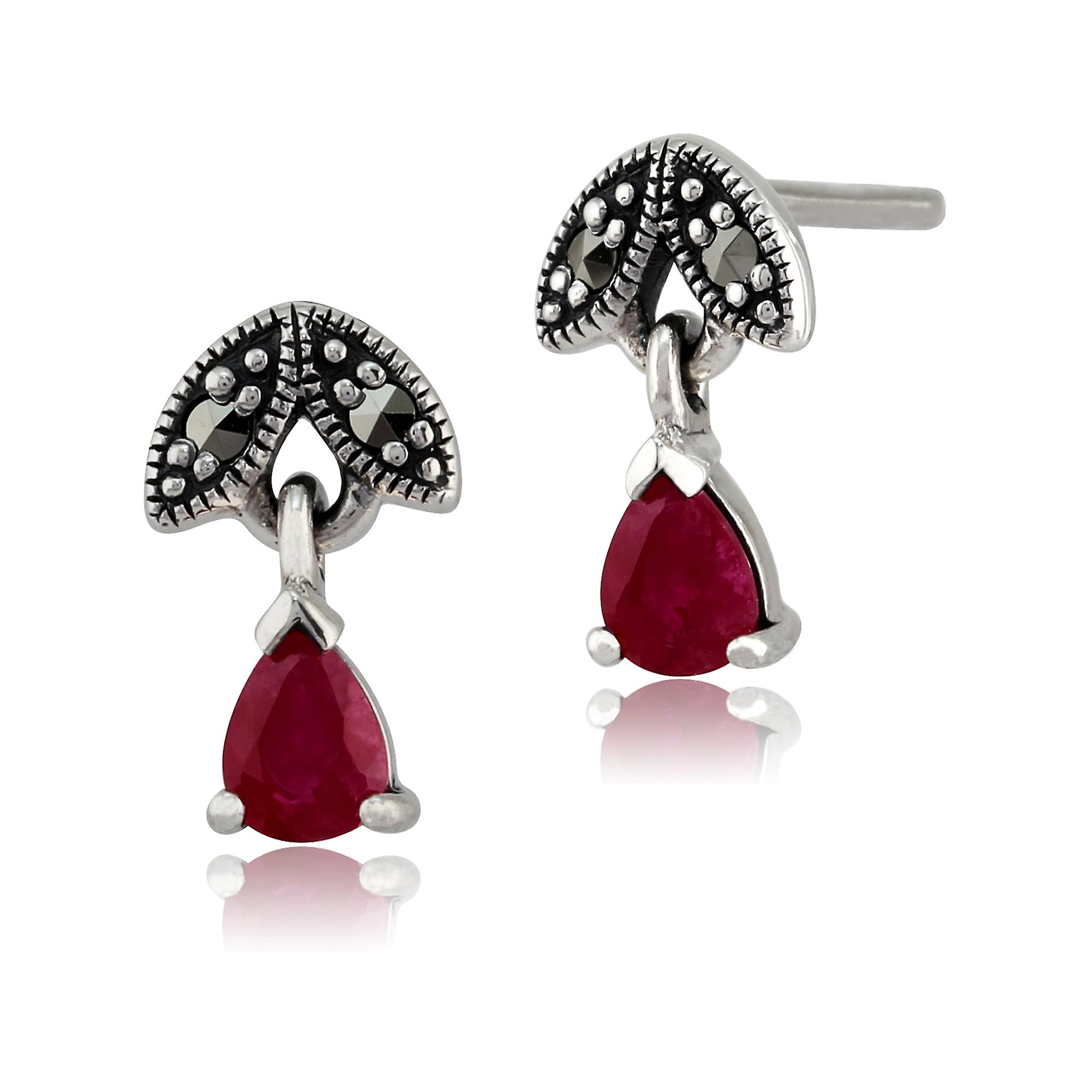 Art Nouveau Style Pear Ruby & Marcasite Drop Earrings in 925 Sterling Silver 214E686112925