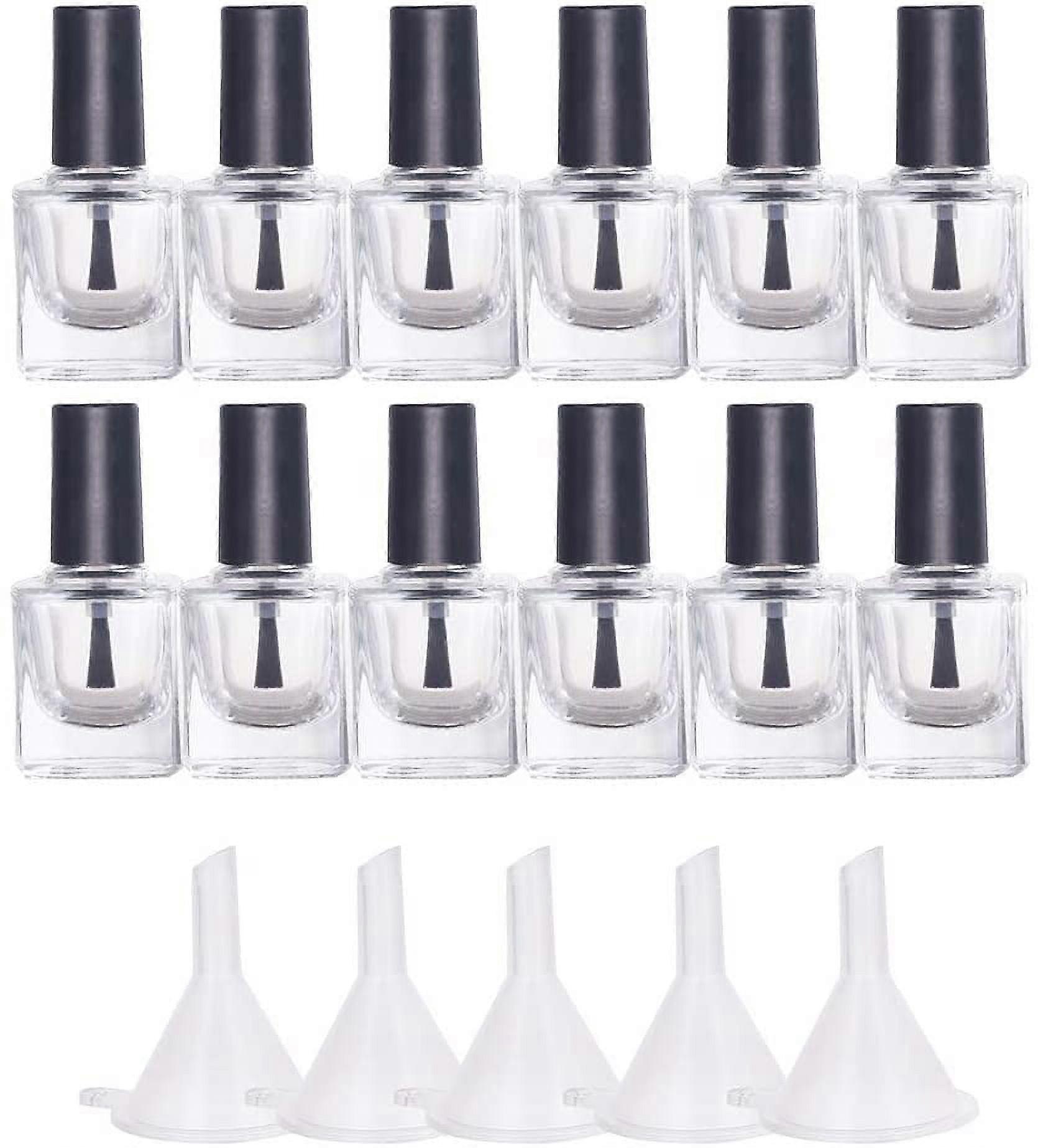 12PCS 10ml Empty Nail Polish Bottles Transparent Glass Nail Varnish Bottles with Brushes 5PCS Funnel Hopper