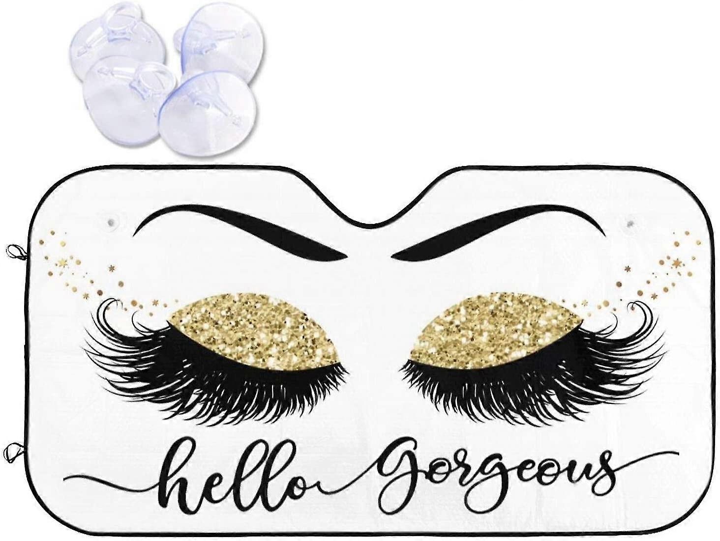 Exquisite Hello Gorgeous Car Front Windshield Sunshades, Gold Glittering Eyelash Auto Window Sun Shade, Summer Sun Uv Rays Blocker Visor P