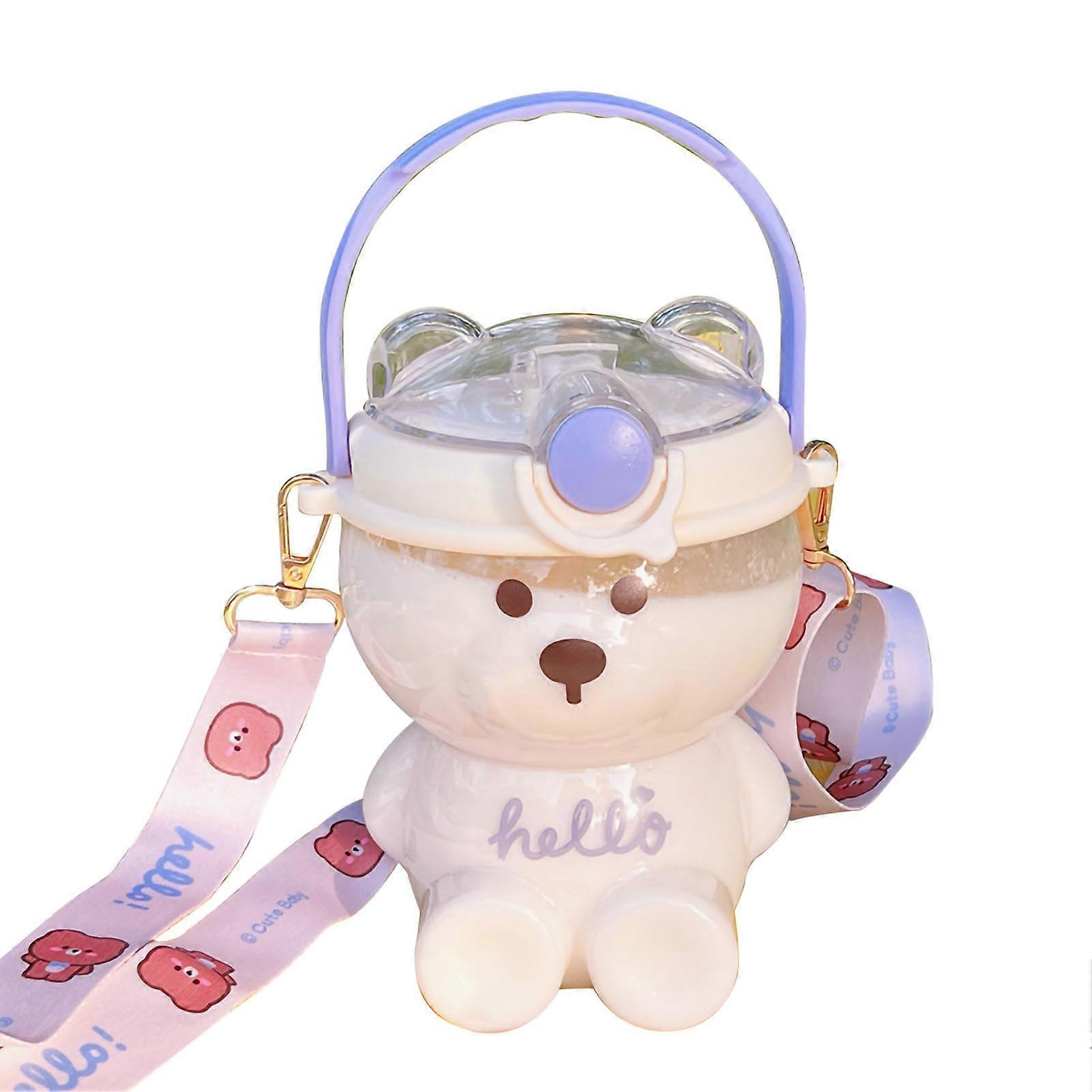 Cute Water Cup 1000ML Cartoon Bear Shape Good Sealing Straw Design Kids Straw Cup with Adjustable Strap Beige