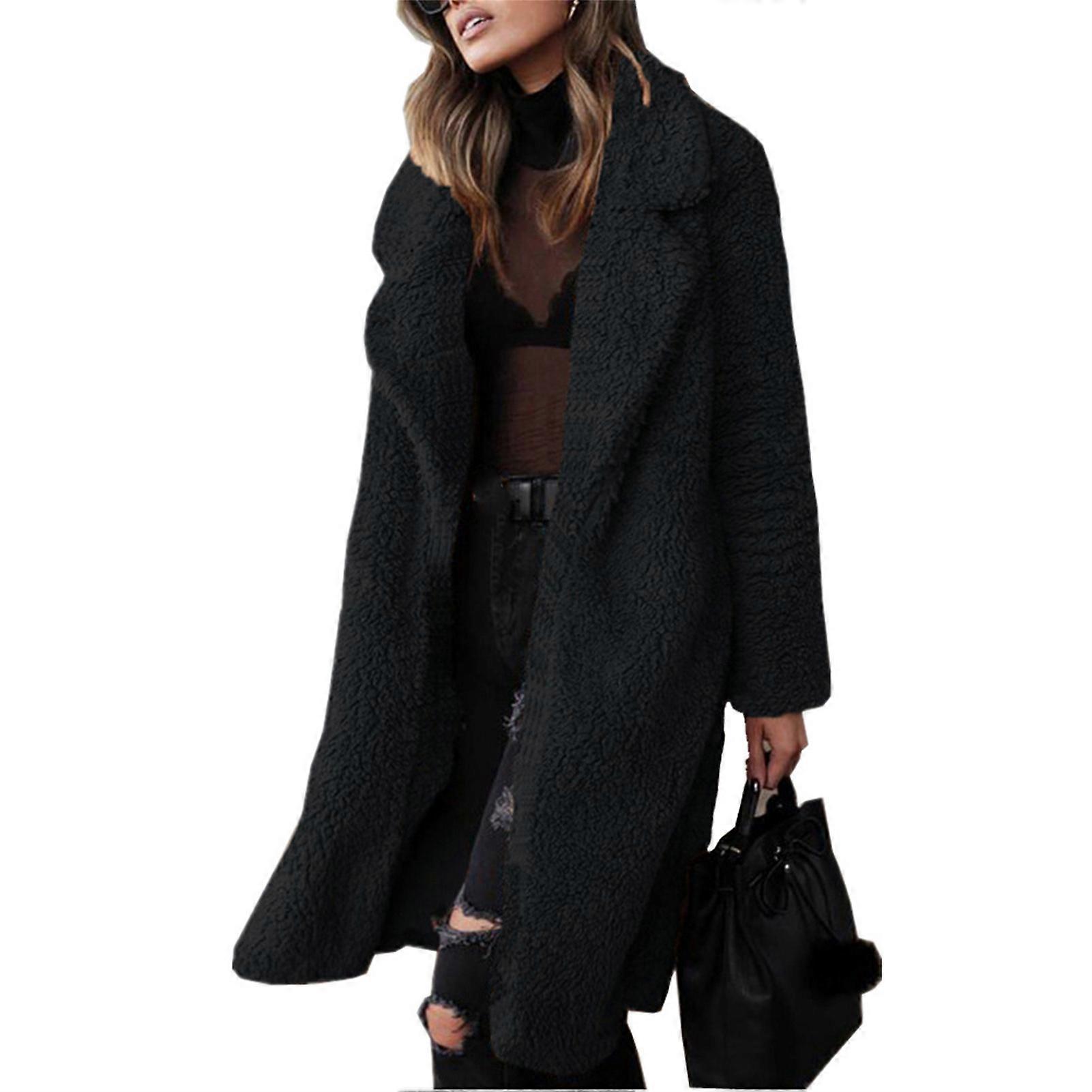 Women\'s Long Coat with Lapel Collar Long Sleeve Plush Cardigan Outercoat