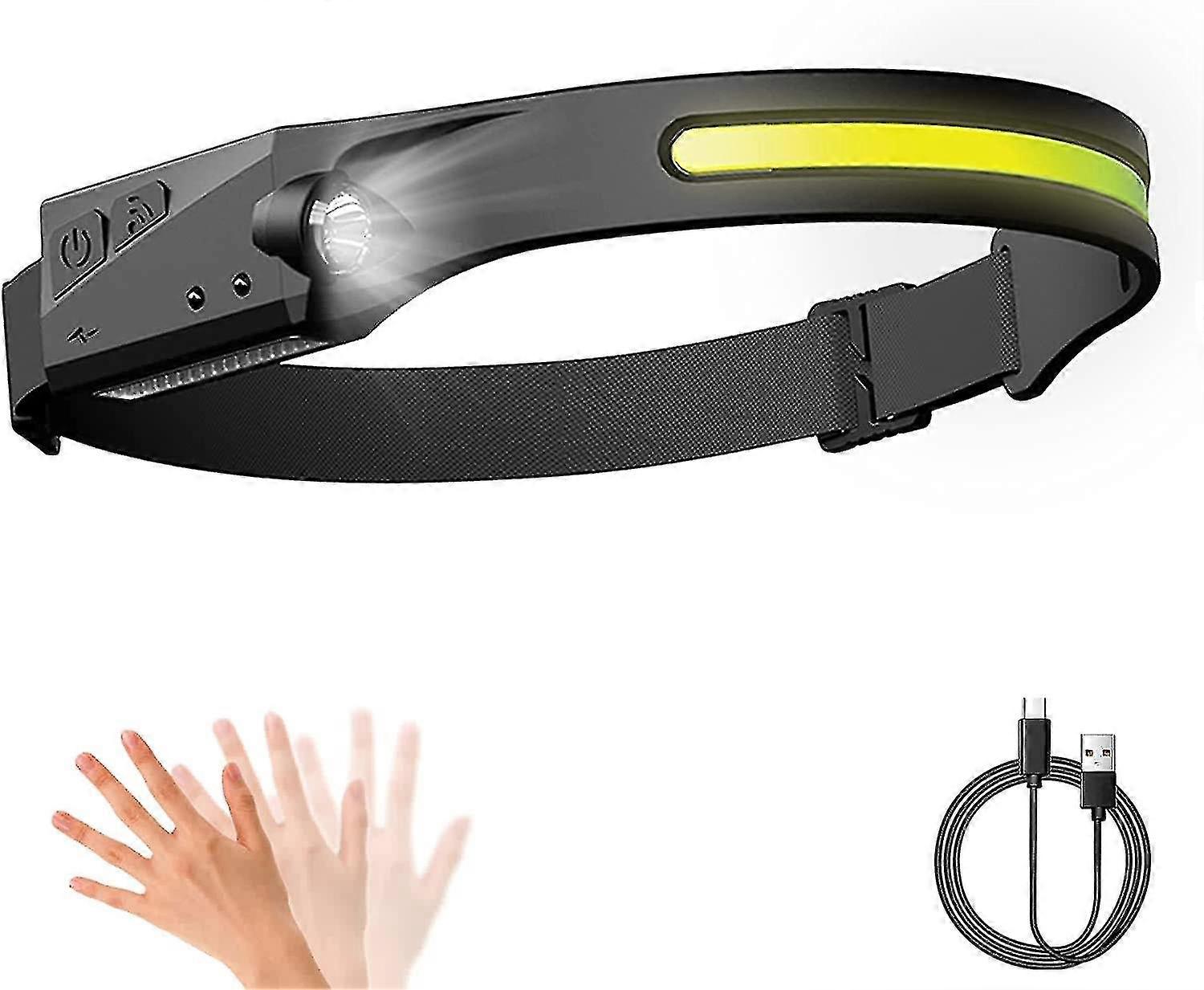 Linterna frontal, 5 modos Cob Xpe 2 Led Sensor Faro, Linterna Frontal Recargable USB