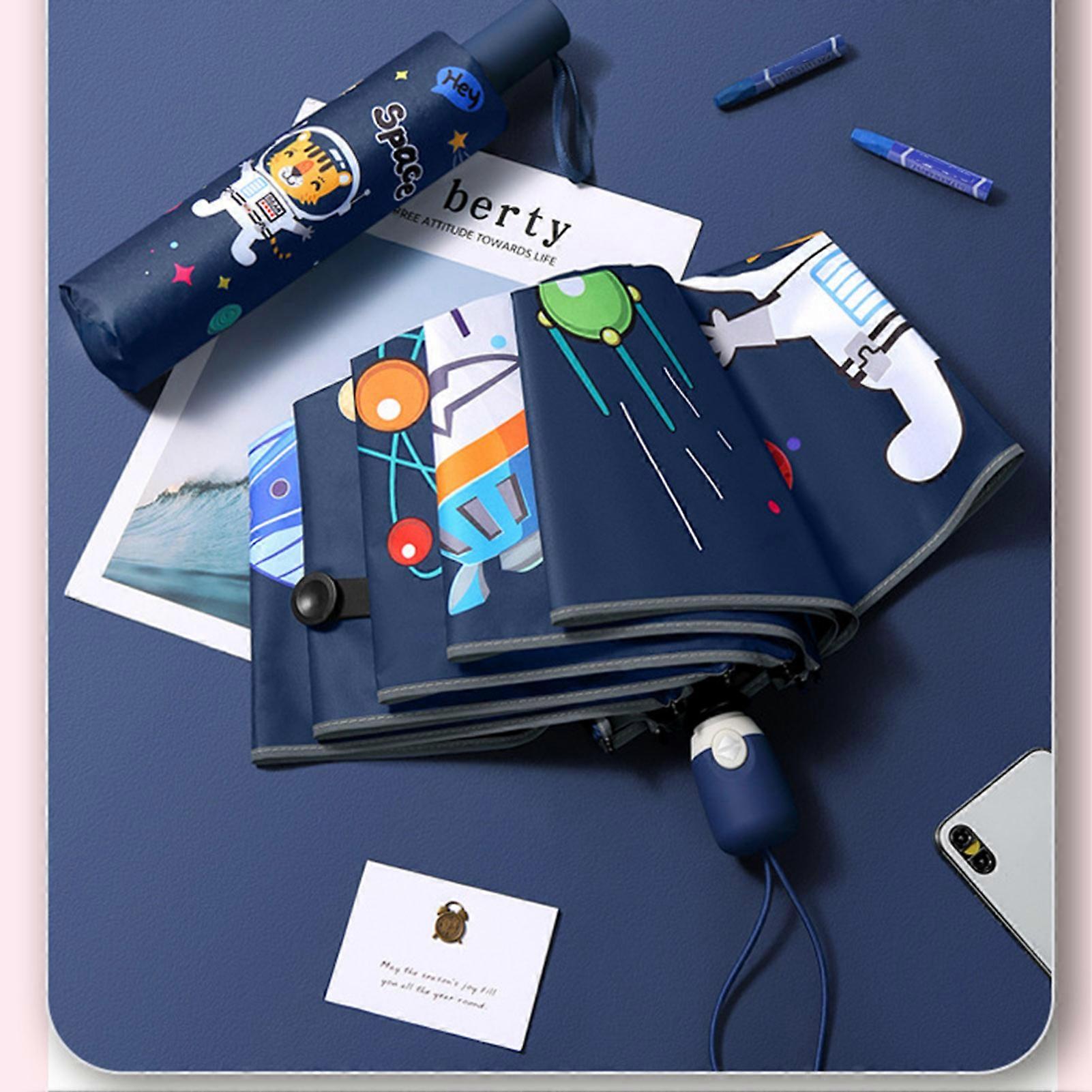 Sun Rain Umbrella 8 Ribs Auto Open Close Sun Block UV Proof Portable Foldable Umbrella Black Vinyl with Reflective Stripe Space Ship 