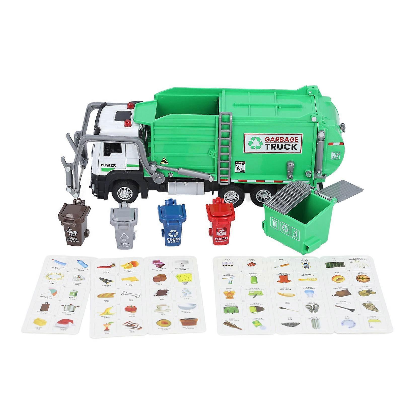 1:32 Garbage Truck Toy with Dumpster 4 Trash Bins Friction Powered Light Sounds Waste Material Vehicle Model