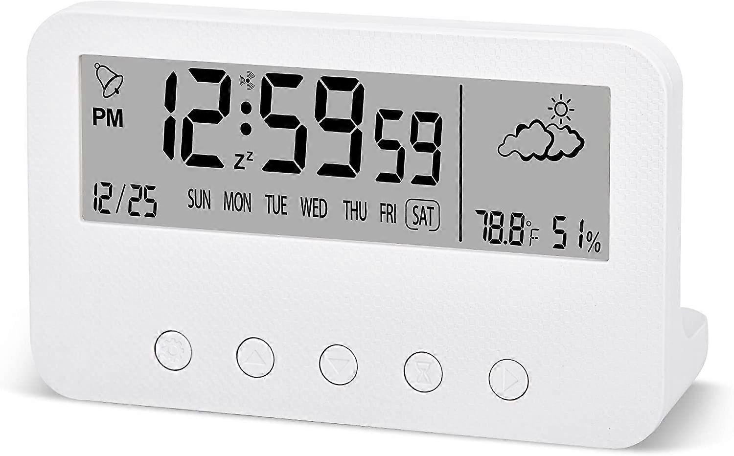 Digital Alarm Clock for Bedrooms,Battery Operated Desk Clock,with Countdown,Weather, Night Light,Date,Temperature Humidity,for Teens,Students(White)