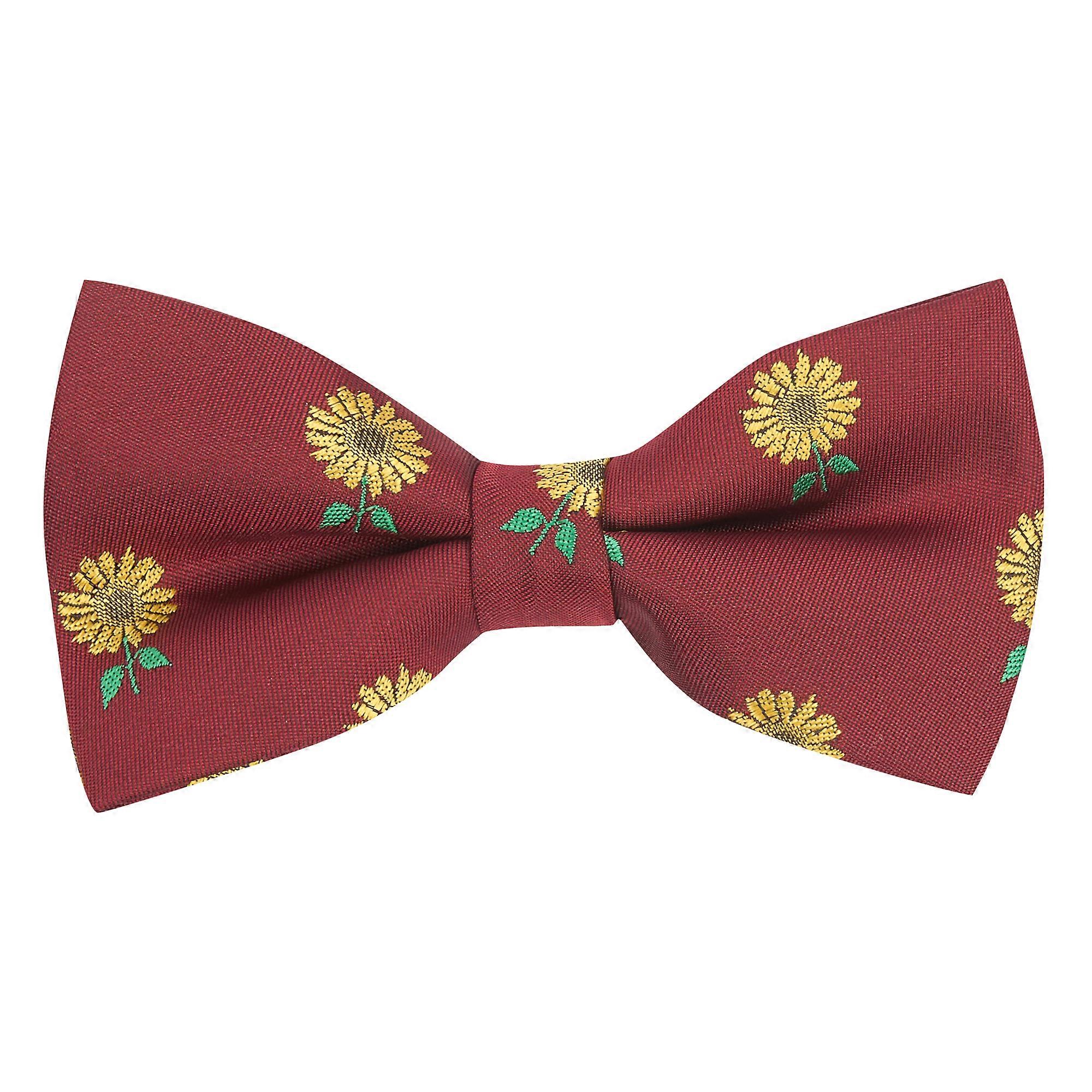 Burgundy Red Sunflower Embroidered Bow Tie