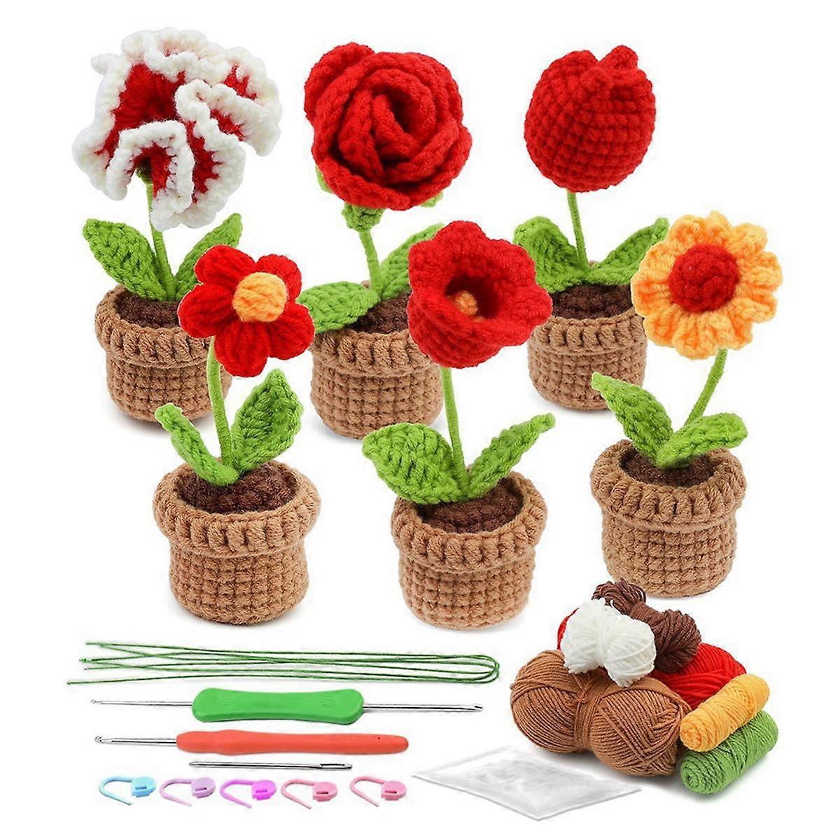 Complete Crochet Kit for Beginners,6 Pcs Crochet Potted Flowers Kit with Step-By-Step Instructions Video Tutorials