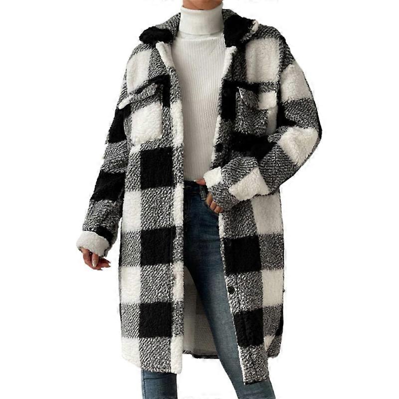 Women's Lapel Plush Plaid Coat for Winter Loose Button-Down Wrap Wool Coat