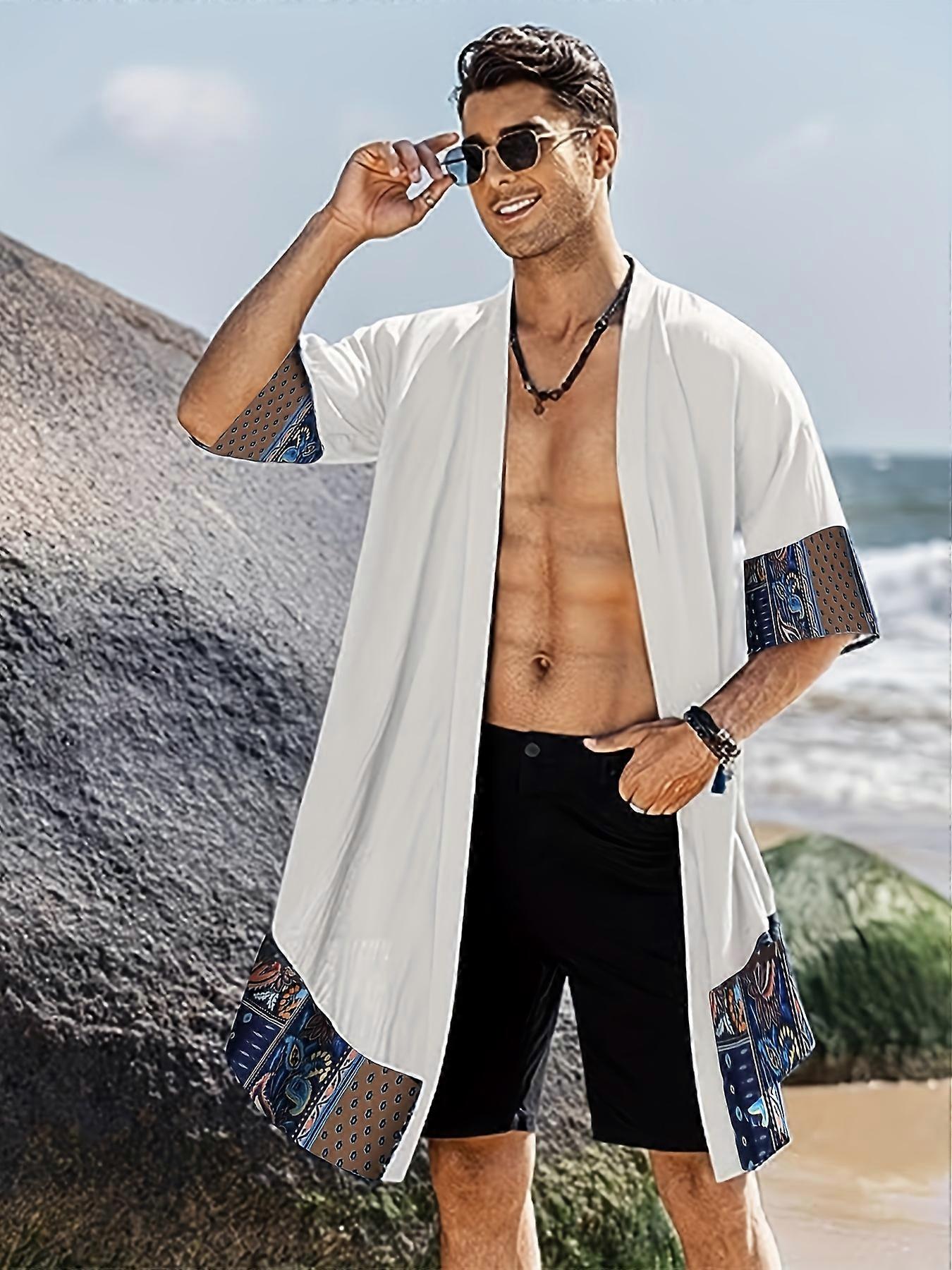 New style Men's Comfy Paisley Print Open Front Short Sleeve Robe For Home Pajamas Wear Night-robe Sets After Bath