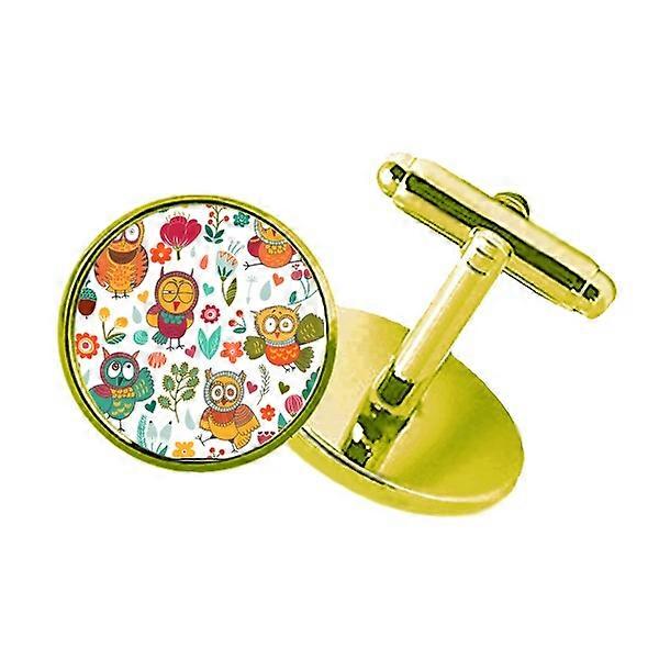 花のフクロウの手の絵画図面スタッズ付きビジネス金属カフスボタン金