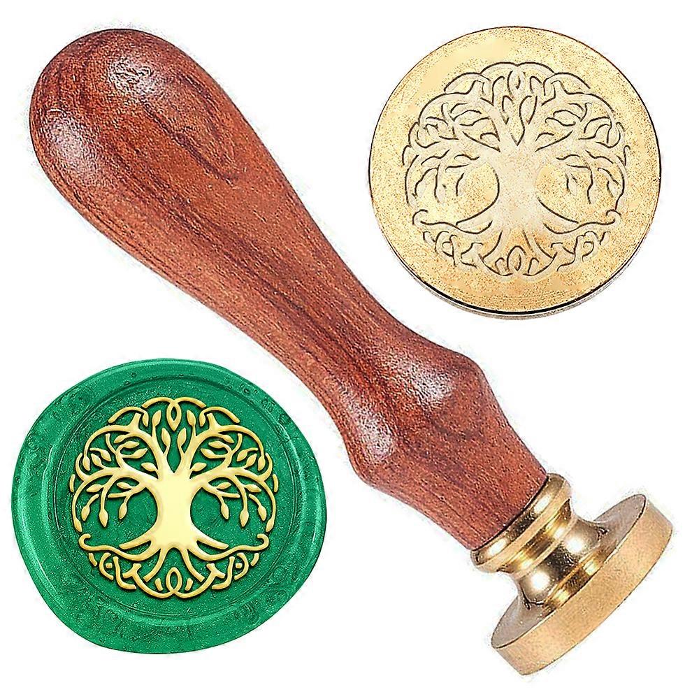 1pc Wax Seal Stamp Set Golden Tone Sealing Wax Stamp Solid Brass Head with Retro Wood Handle for Envelopes Invitations Gift Card Tree of Life 83x22mm