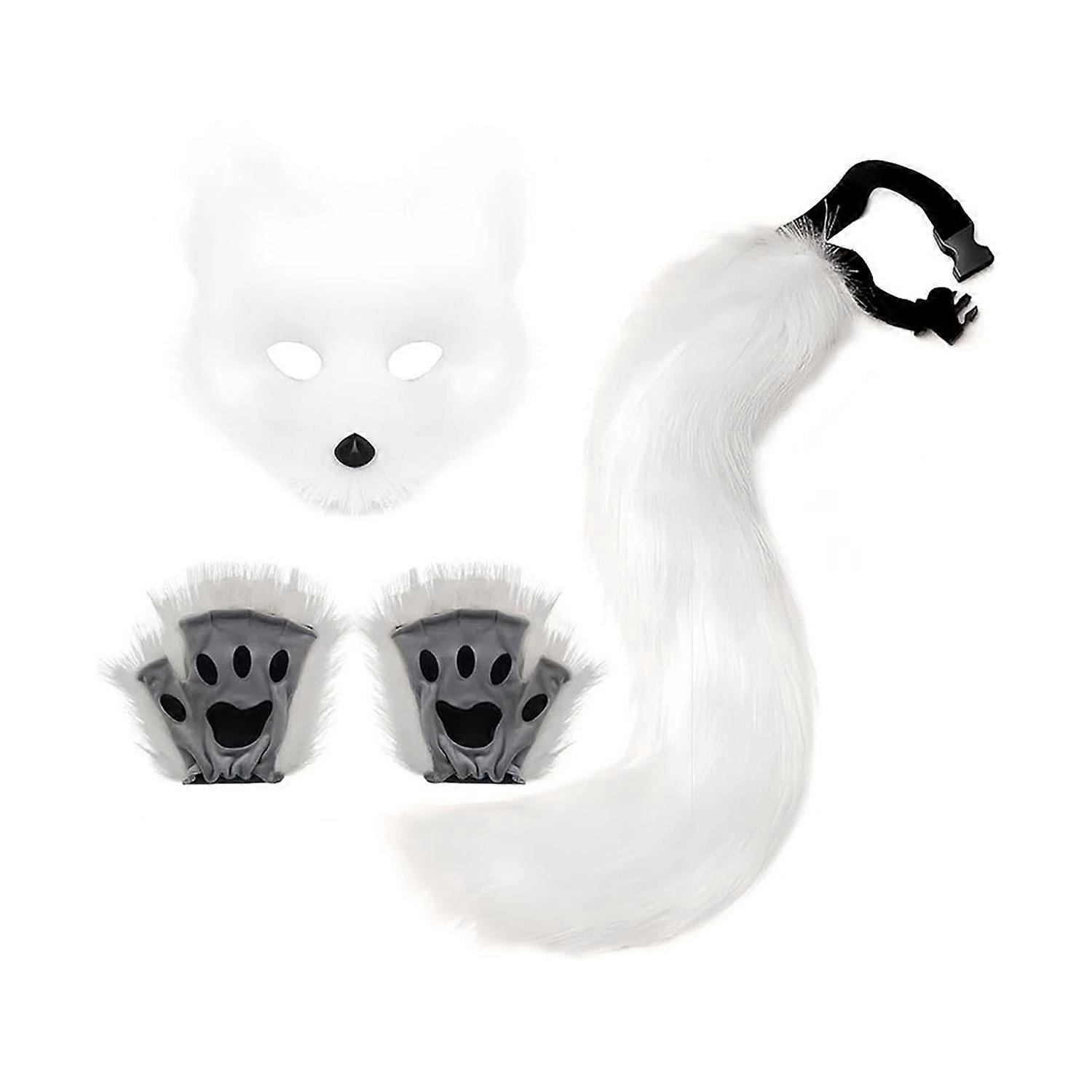 1 Set Cosplay Fake Fox Tail Mittens Masque Set Soft Fuzzy Plush Adjustable Waist Circumference