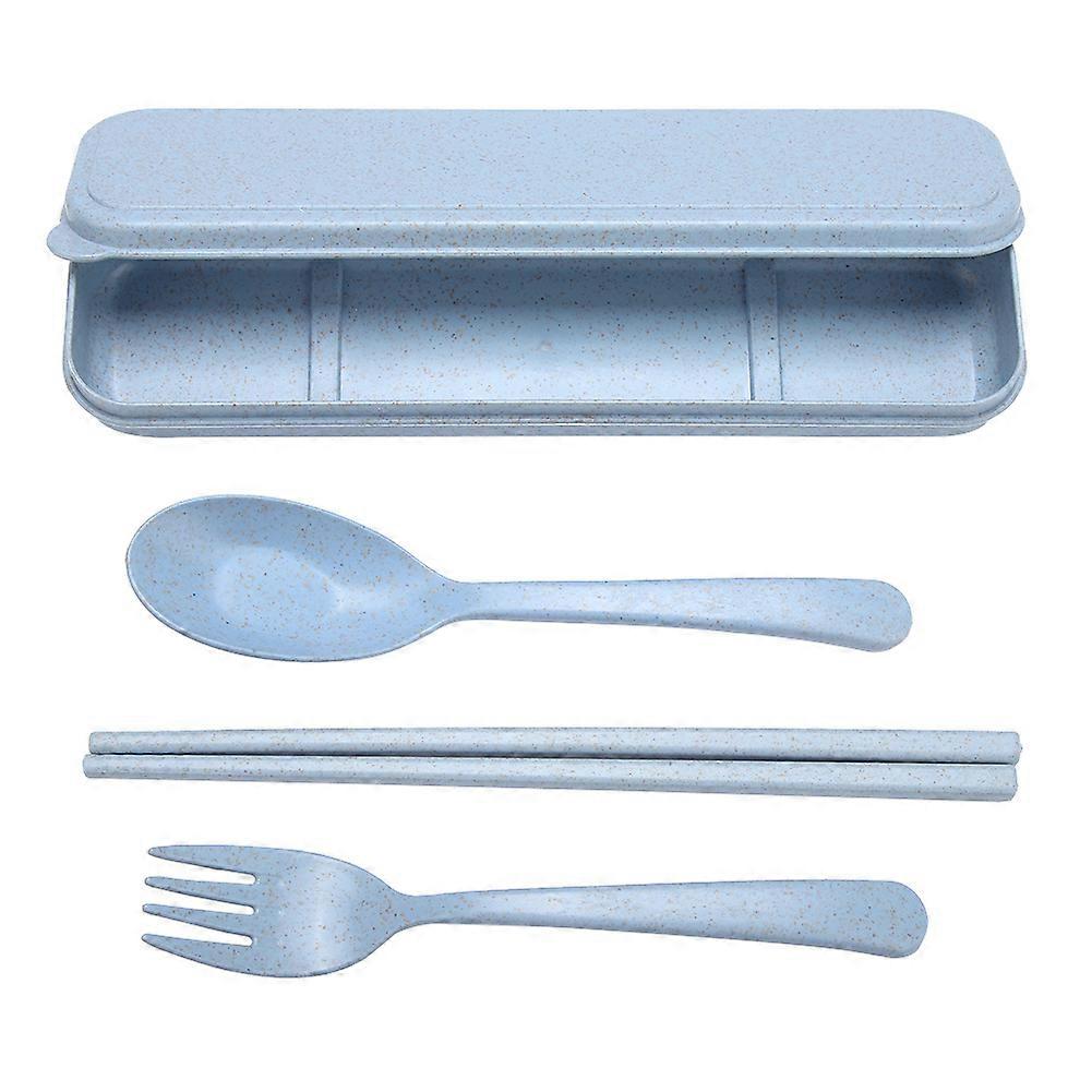 Travel Utensils with Case, Wheat Straw Cutlery Set, Chopsticks Spoon Fork Set Portable Utensils for Home Office Travel (Blue)
