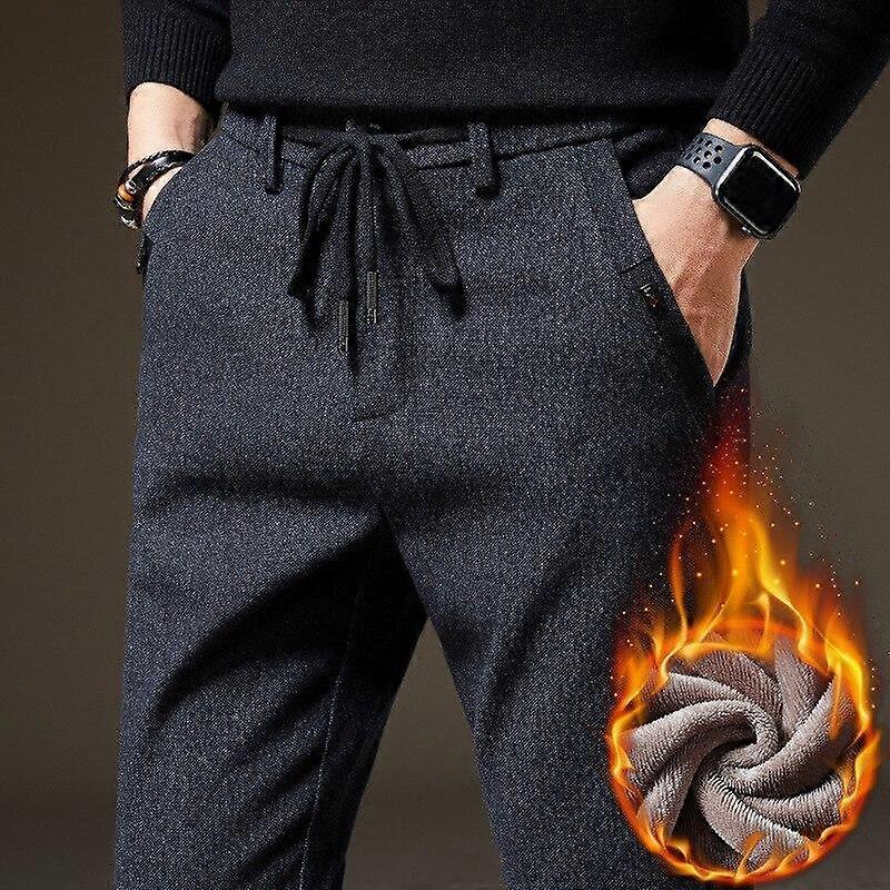 Vinterbyxor för män, varma casualbyxor, moderiktiga, borstade tyger, tjocka fleecebyxor, smala kontorsbyxor