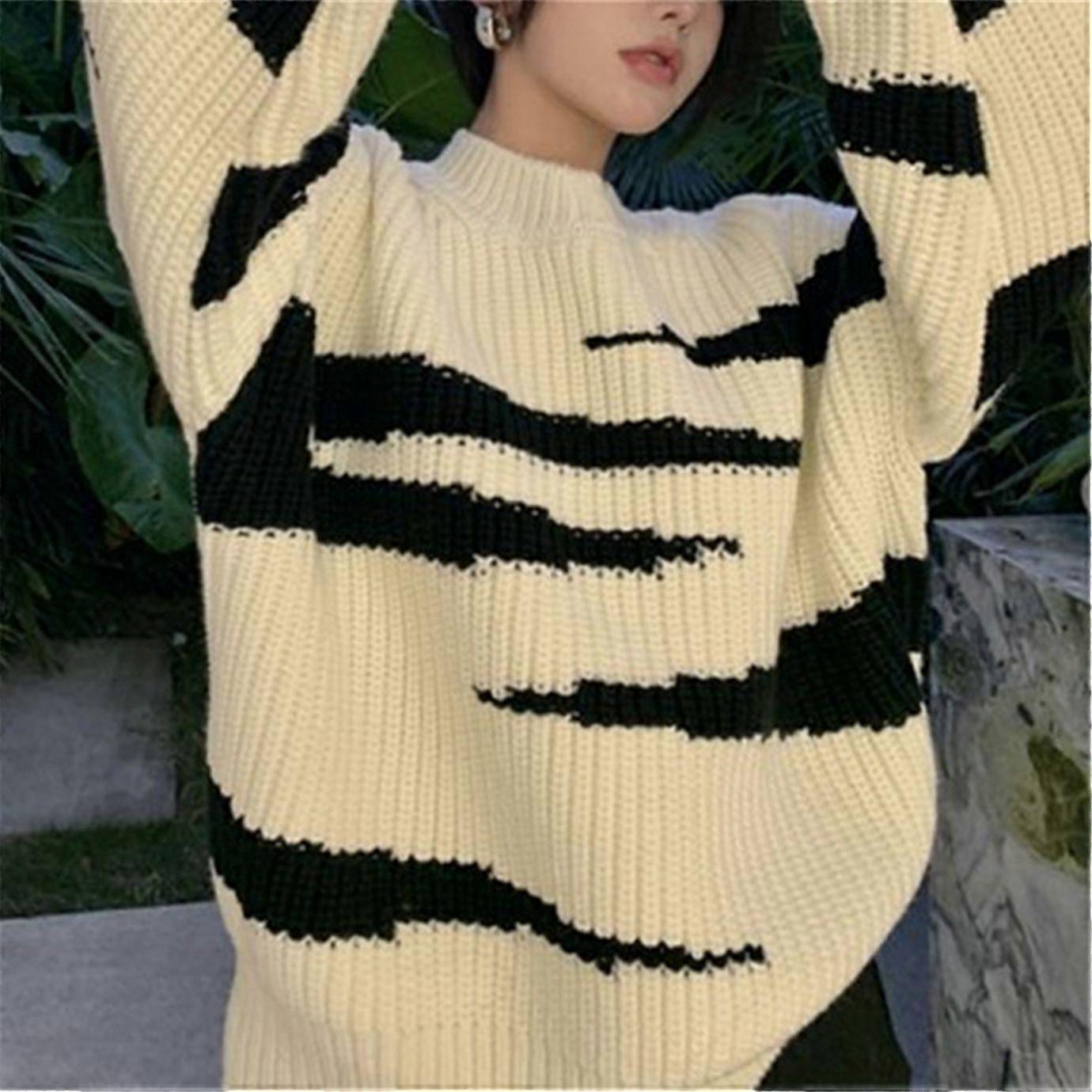 Women's Pullover Sweaters Long Sleeve Print Knitted Crew Neck Sweater Tops