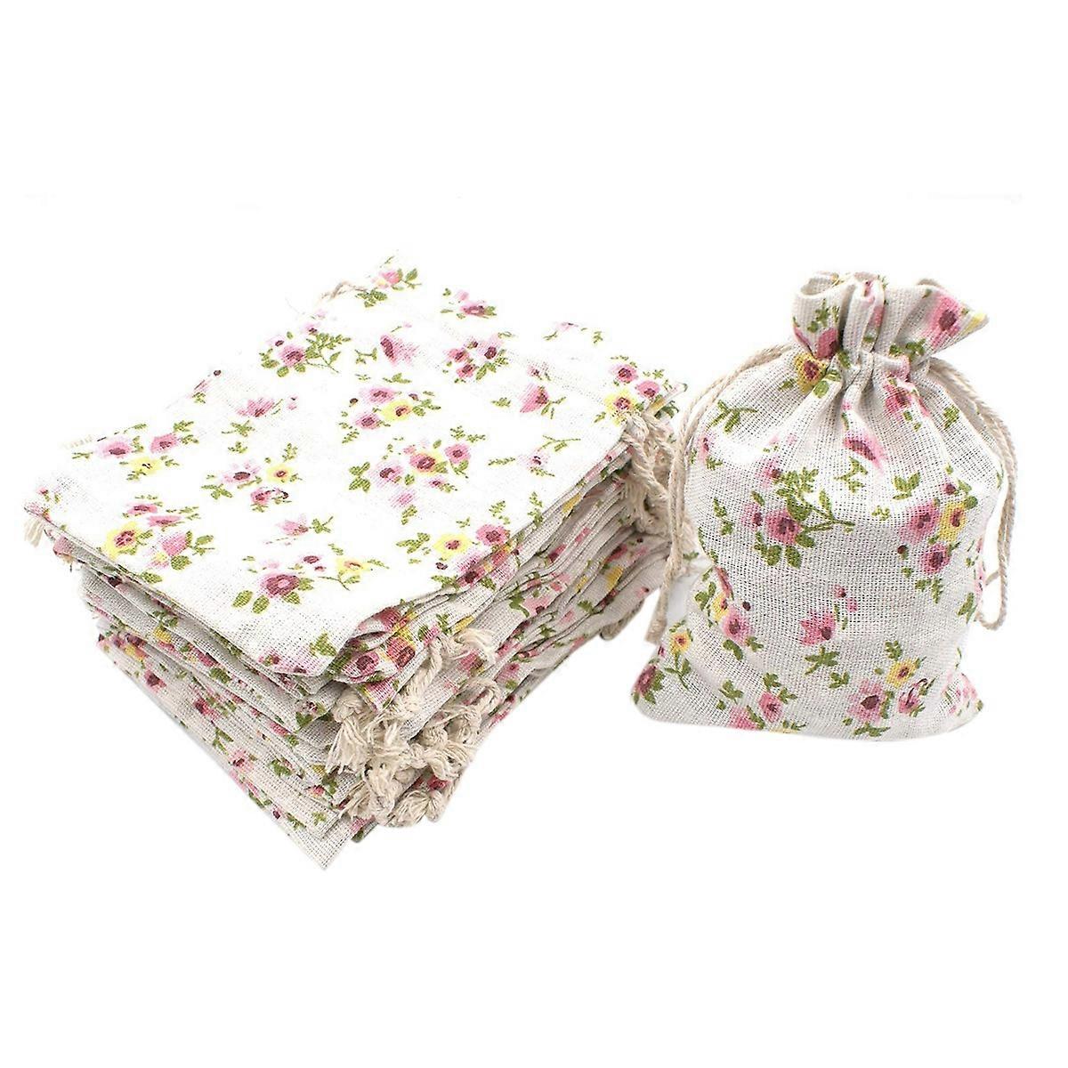 50Pcs Floral Burlap Drawstring Bags Linen for Christmas Wedding Party