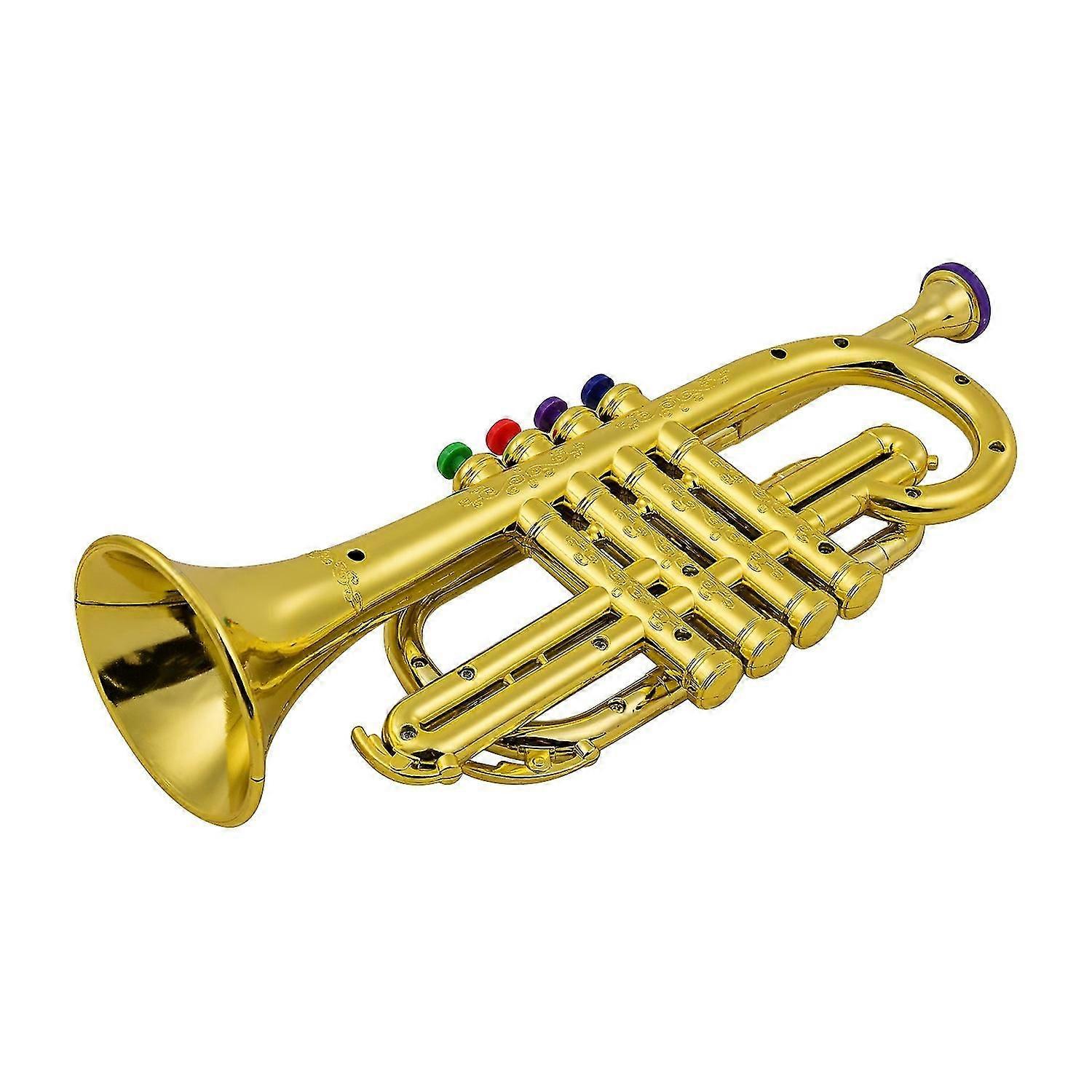 Trompete Infantil Instrumentos de Sopro Musical ABS Trompete Metálico Dourado com 4 Teclas Coloridas