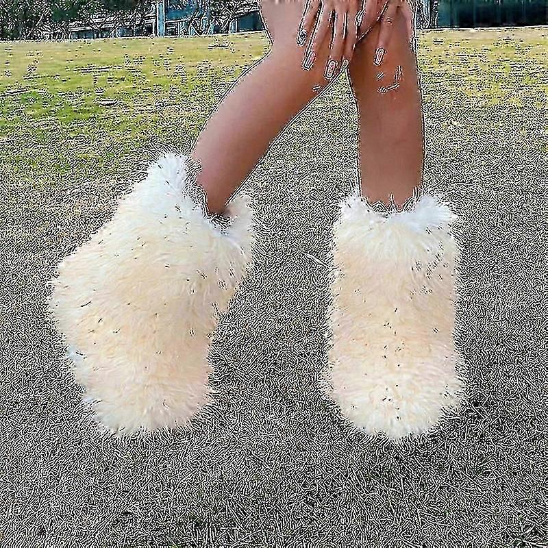 Faux Fur Boots For Women Fuzzy Fluffy Furry Round Toe Suede Winter Boots Flat Shoes - JA