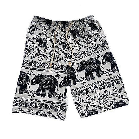 Men Summer Shorts Elephant Pattern Wide Leg Casual Beach Shorts Elastic Waist Adjustable Drawstring Quick Drying