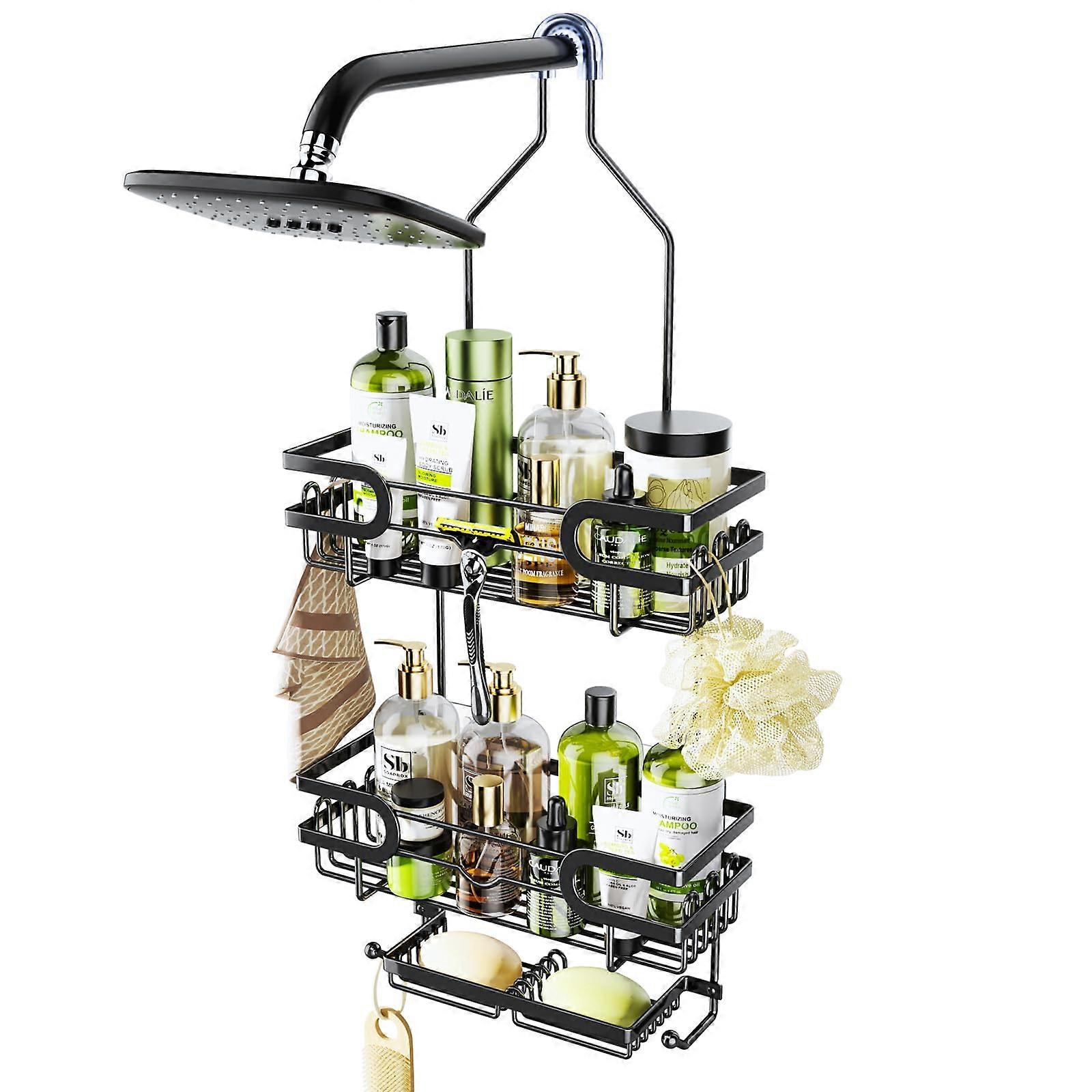 Bathroom Hanging Shower Caddy With 12 Hooks And 2 Soap Holders, Shower Head Shelf