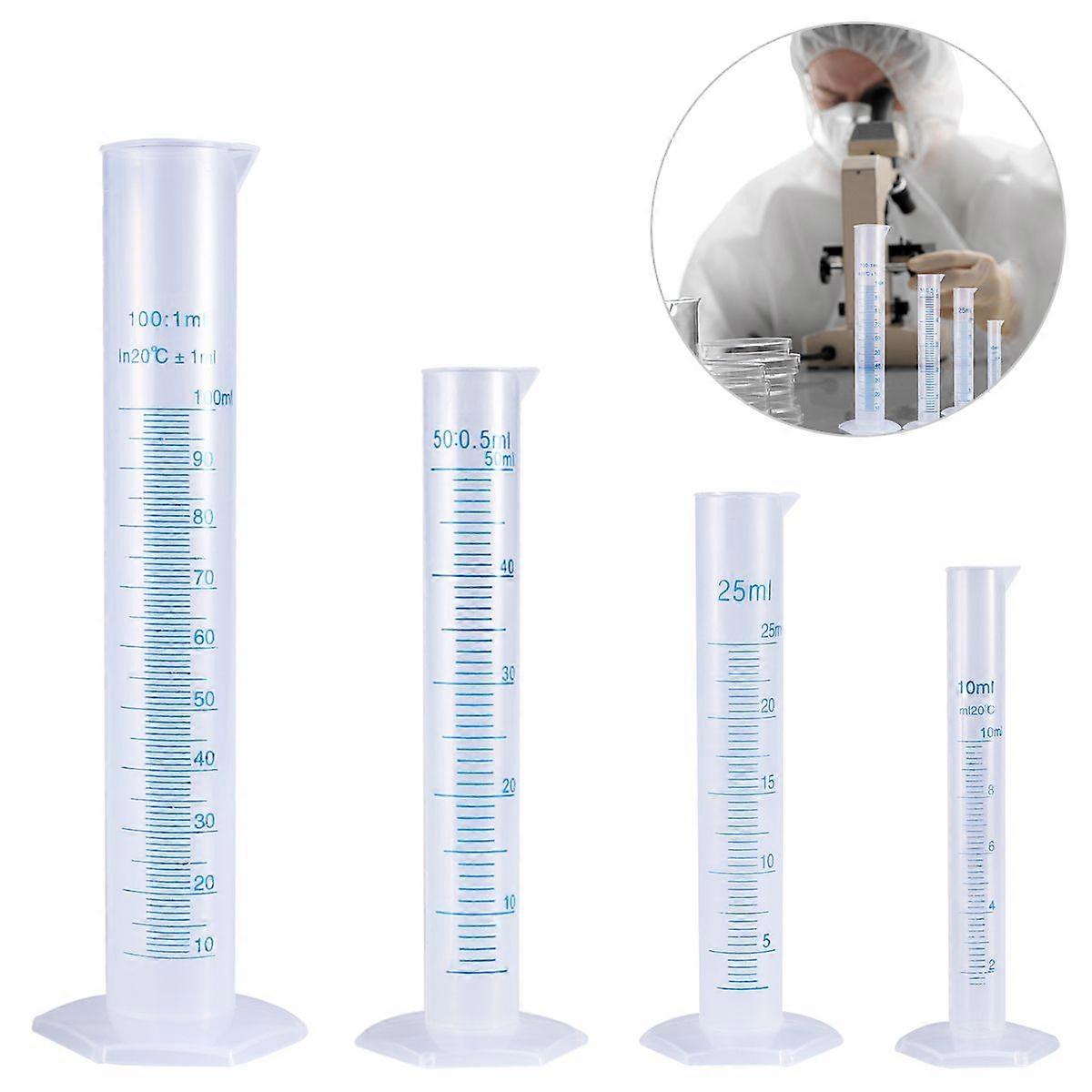 UEETEK 4pcs Transparent Measuring Plastic Graduated Cylinder 10ml / 25ml / 50ml / 100ml
