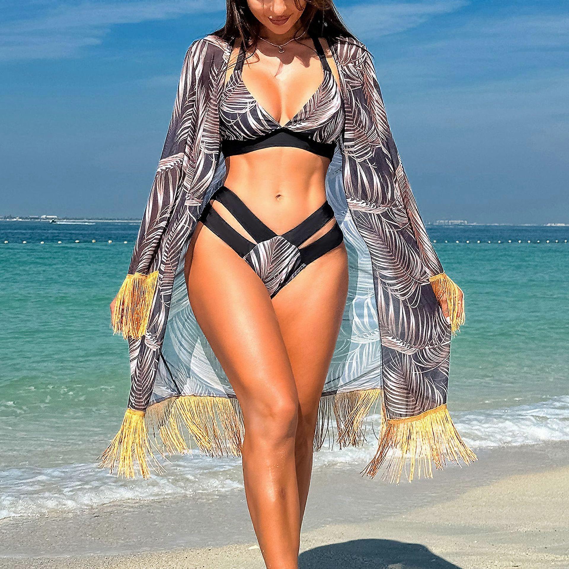 Boho Fringe Bikini Set 3-Piece with Printed Swimsuit and Kimono Cover-Up