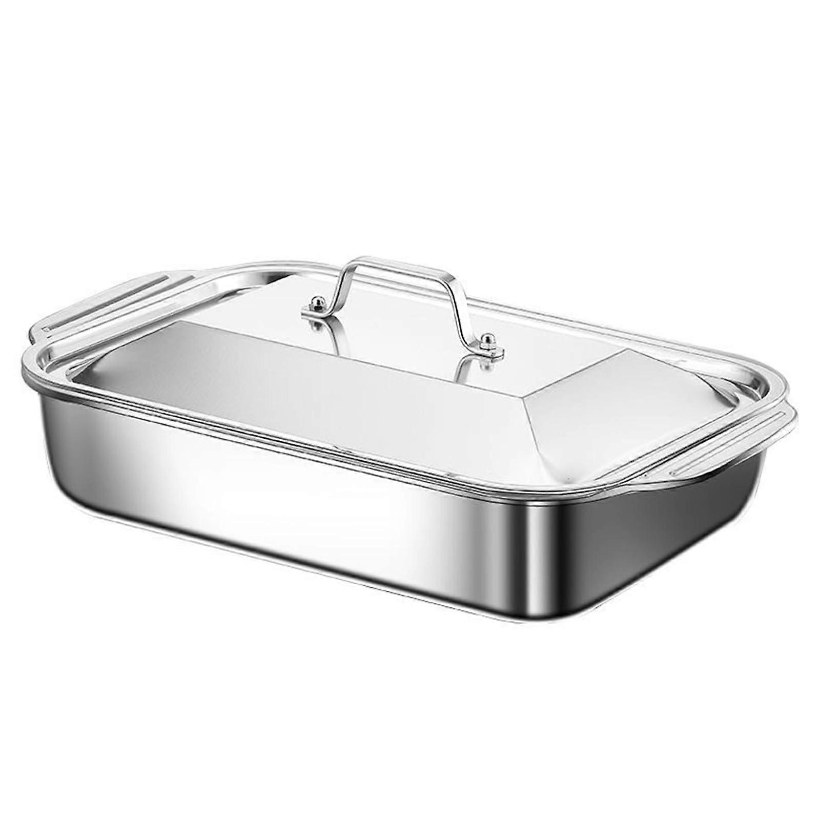 Large deep rectangular stainless steel fish frying pan with handles and steel lid (41 cm), cookware set