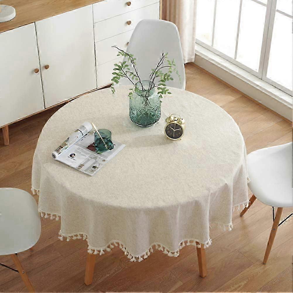 Plain Color Tassel Round Tablecloth - Versatile Cotton Tablecloth for Indoor and Outdoor Use