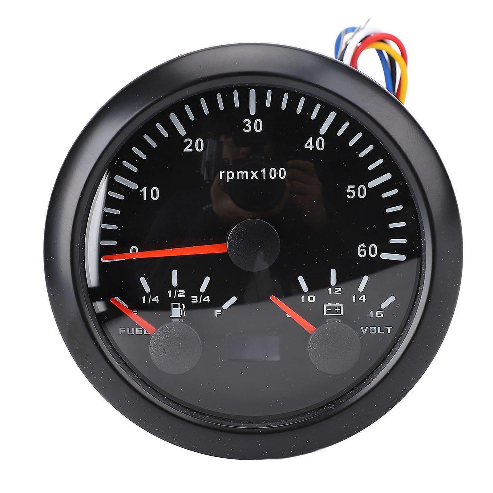 3 in 1 85mmタコメーターDC 9〜32V 6000rpm 8〜16V電圧ゲージE 1/4 1/2 3/4 F燃料レベル7色バックライト車用マリンボートトラックブラックダイヤルBL