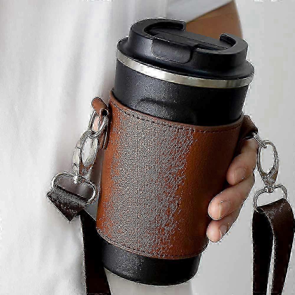 מחזיק כוסות נייד עם רצועות כתף, שרוול קפה מעור רב פעמי