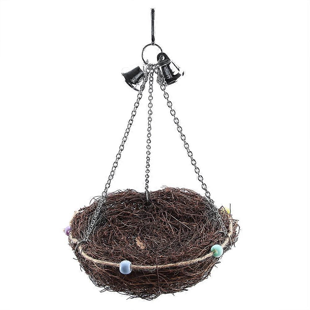 Rattan Birds Parrot Straw Nest Swing Hanging Toy with Bells Toys (27 x 20cm)