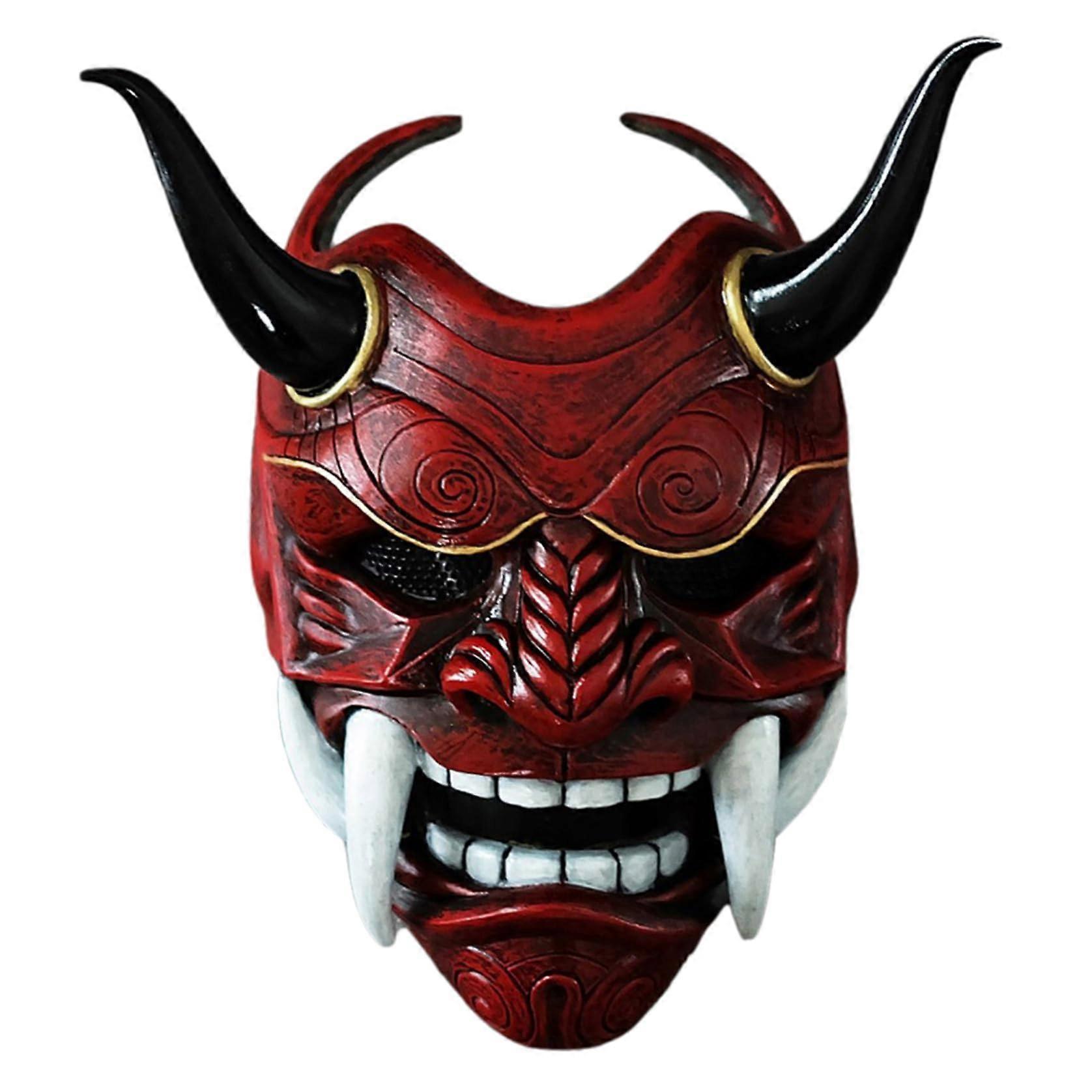 Hannya Ghost Face Mask, Japanese Halloween Oni Mask, Latex Ghost Mask, Full Face Samurai Mask with Fangs Horns