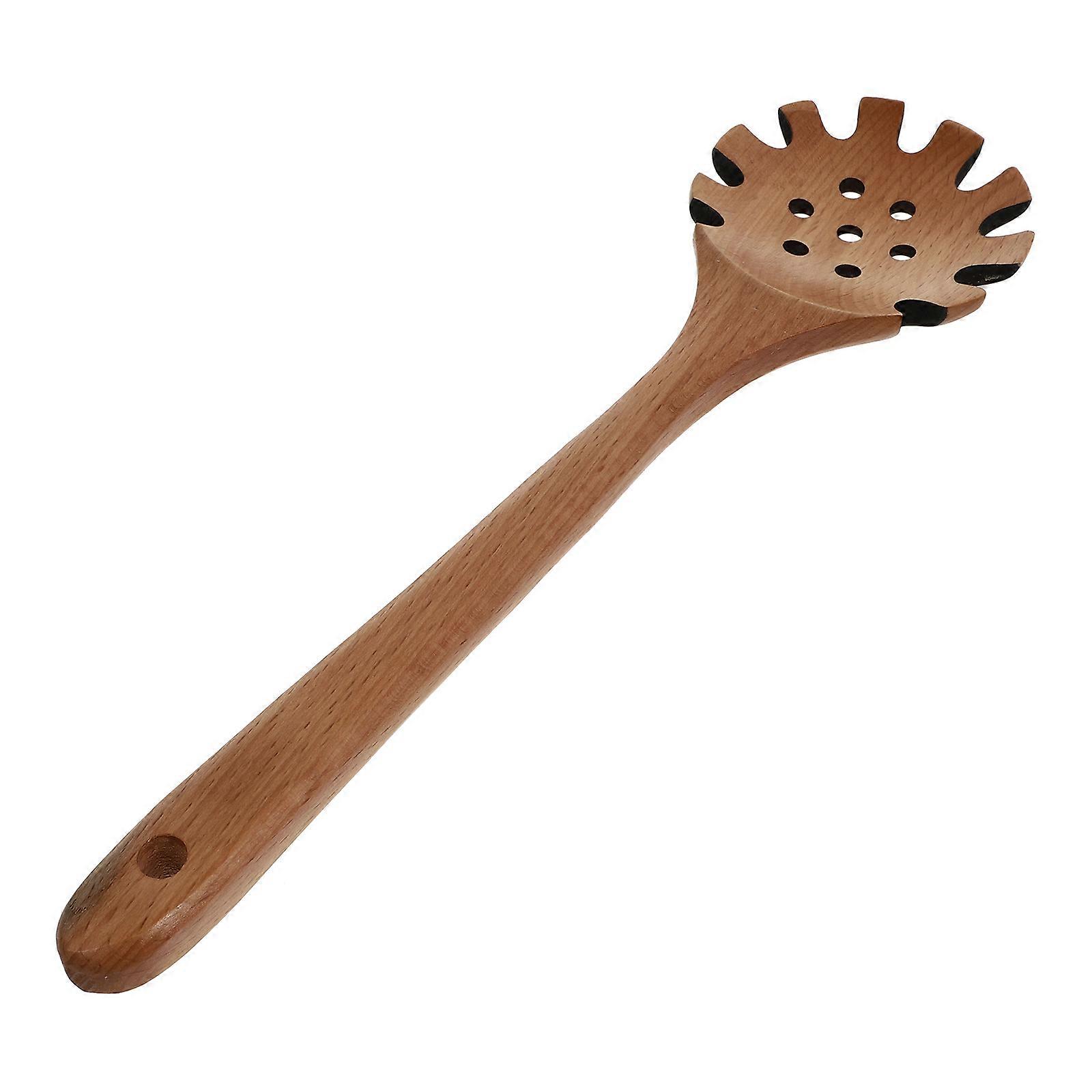 Beech Wood Noodle Spoon Colander Kitchen Utensil for Noodles and Cleaning, Space Saving Design with Hanging Loop, Practical Cooking Tool