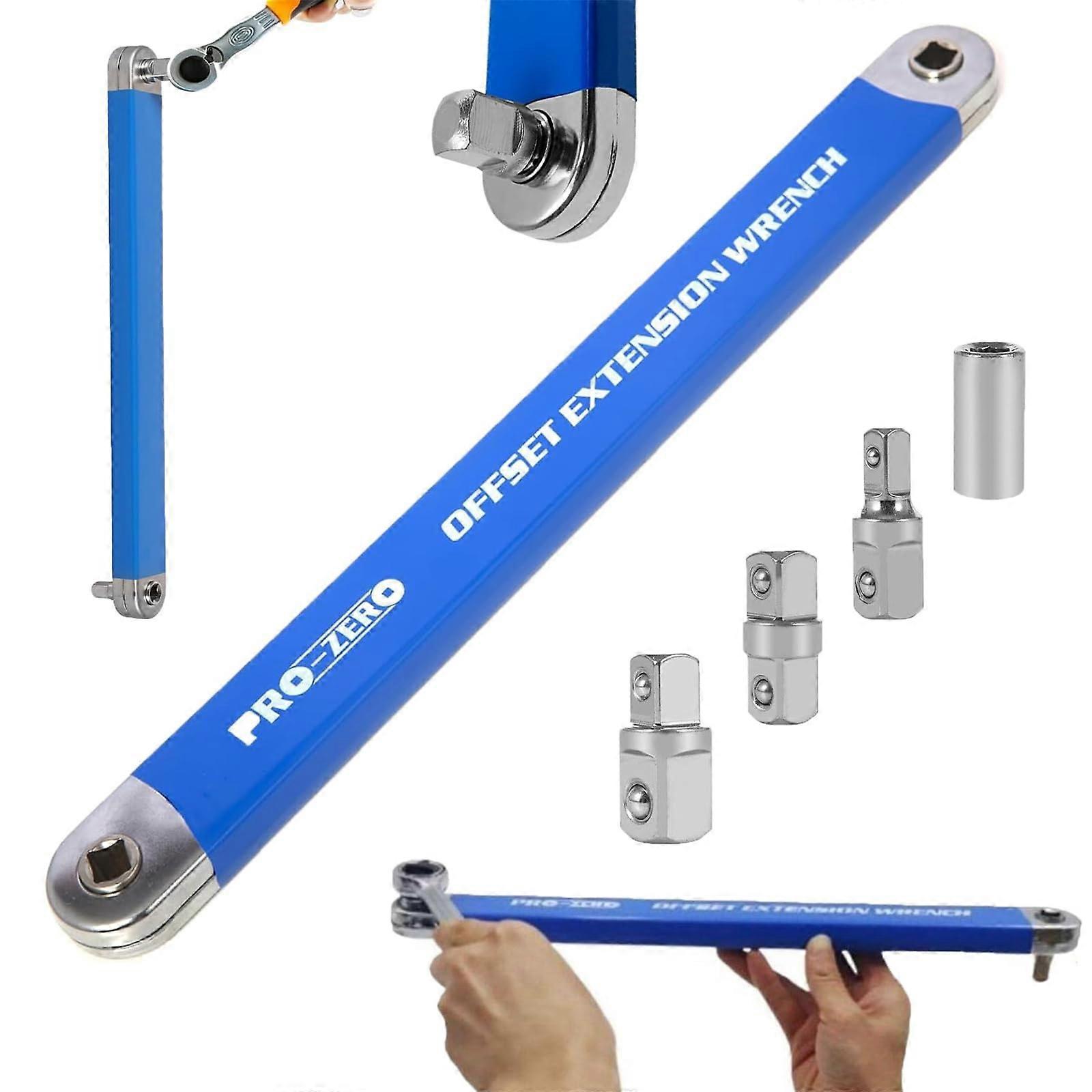 Pro Zero Offset Extension Wrench,   Offset Extension Wrench, Multifunctional Extension Wrench, with 1/2', 1/4' and 3/8' Square Drive Adapters