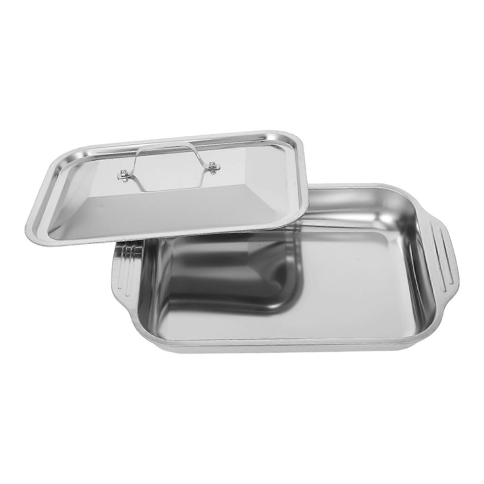 Stainless Steel Tray With Lid Rectangular Roasting Dish For Weekend Meals 36.00X22.00X5.00CM High Temperature Resistant 1Pack