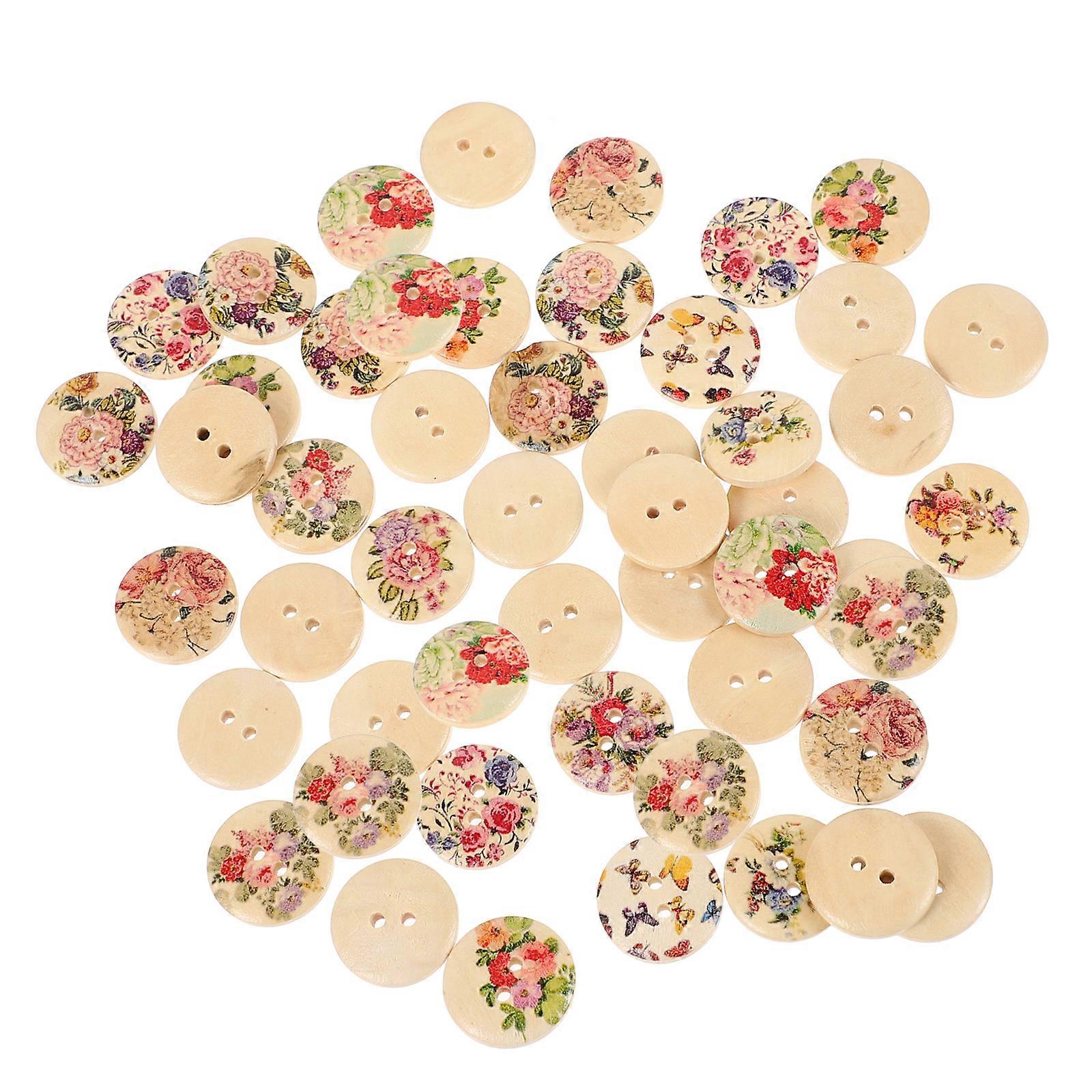100Pcs Wood Buttons Sewing Buttons with Flower Pattern for Clothing Accessories DIY Projects