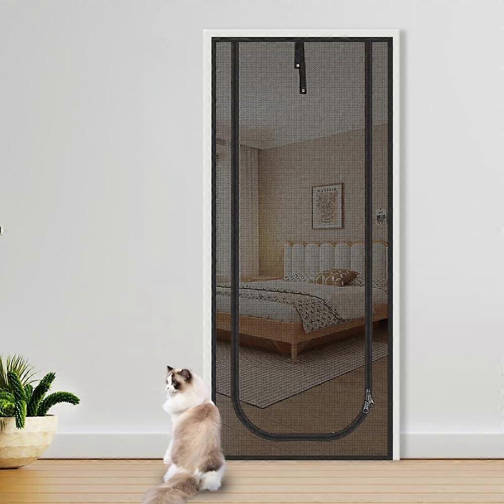Cat Screen Door with Zip, Mosquito Fly Screen with Pet Access, Ushaped Black 70×200cm