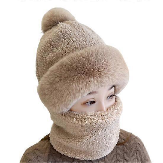 Women Plush Ball Decor Scarf Hat Solid Color Thickened Neck Warm Windproof Hat Thick Fluffy Beanie Winter Headgear