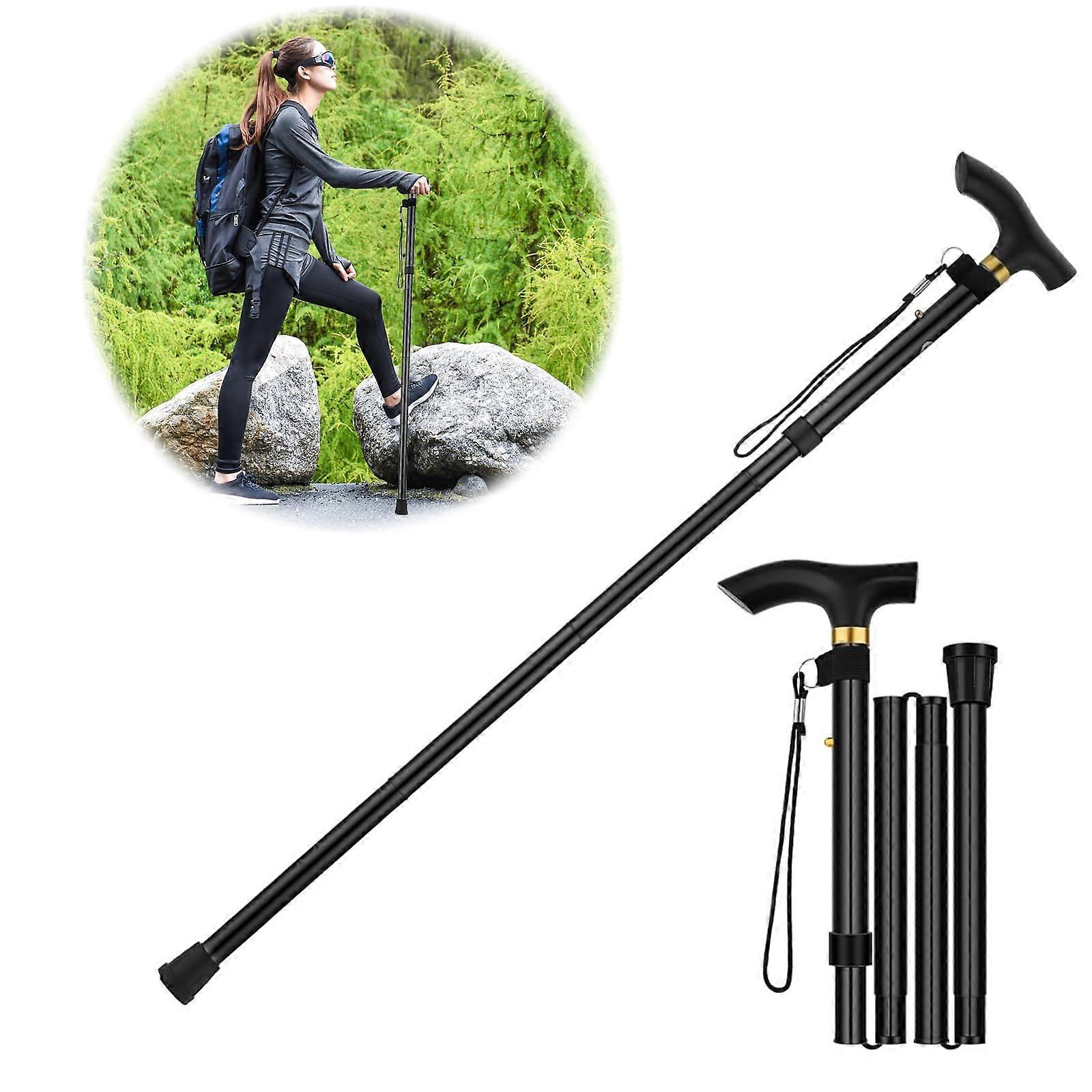 Folding Walking Stick Adjustable Height Aluminium Walking Aid for Men and Women with Rubber Foot and Hand Strap Black