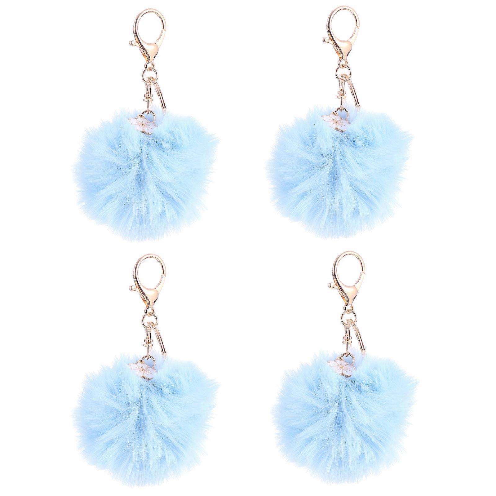 Flower Theme Keychain 4Pcs Decorative Pendant Fuzzy Ball Design For Kids Bags Blue Color Everyday Use