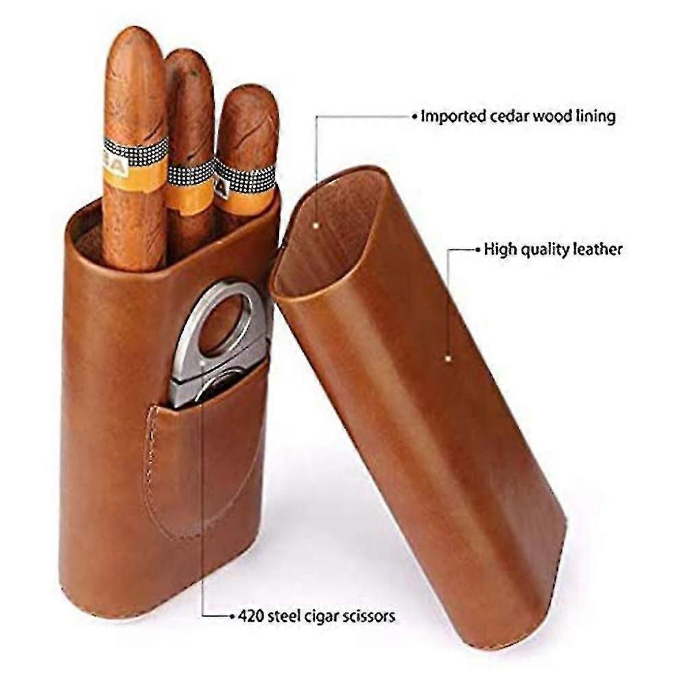 Cigar Case Set - 3-Finger Leather Cedar Lined Humidor With Scissors