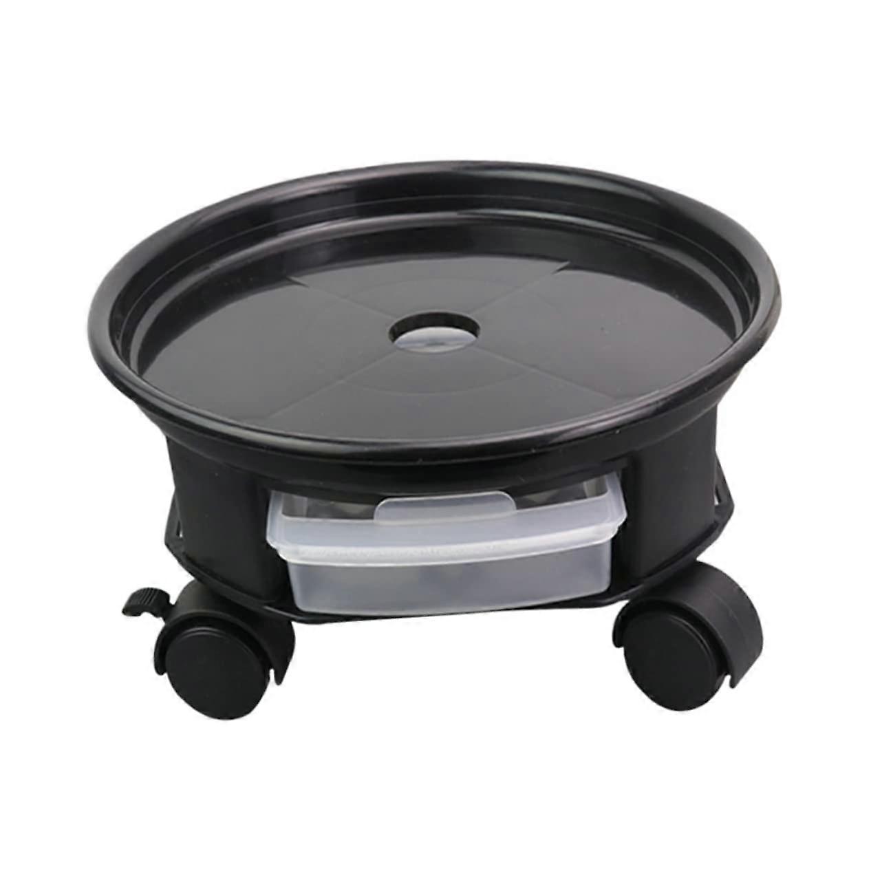 Round flower pot saucer with detachable universal casters and drawer for plants, sturdy flower pot base in black for home use.